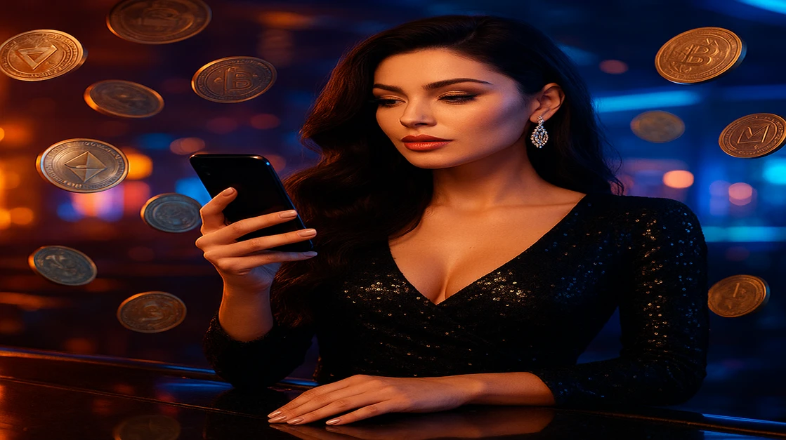 একজন নারী Dhaka game ক্রিপ্টো-গেমিং প্ল্যাটফর্মে লগইন করার জন্য একটি স্মার্টফোন ধরে রয়েছেন; चारপাশে জ্বলন্ত বাংলাদেশ টাকার মুদ্রা-চিহ্নসম নকশা ও একটি ভবিষ্যৎ-গেমিং পরিবেশ ছড়িয়ে আছে।